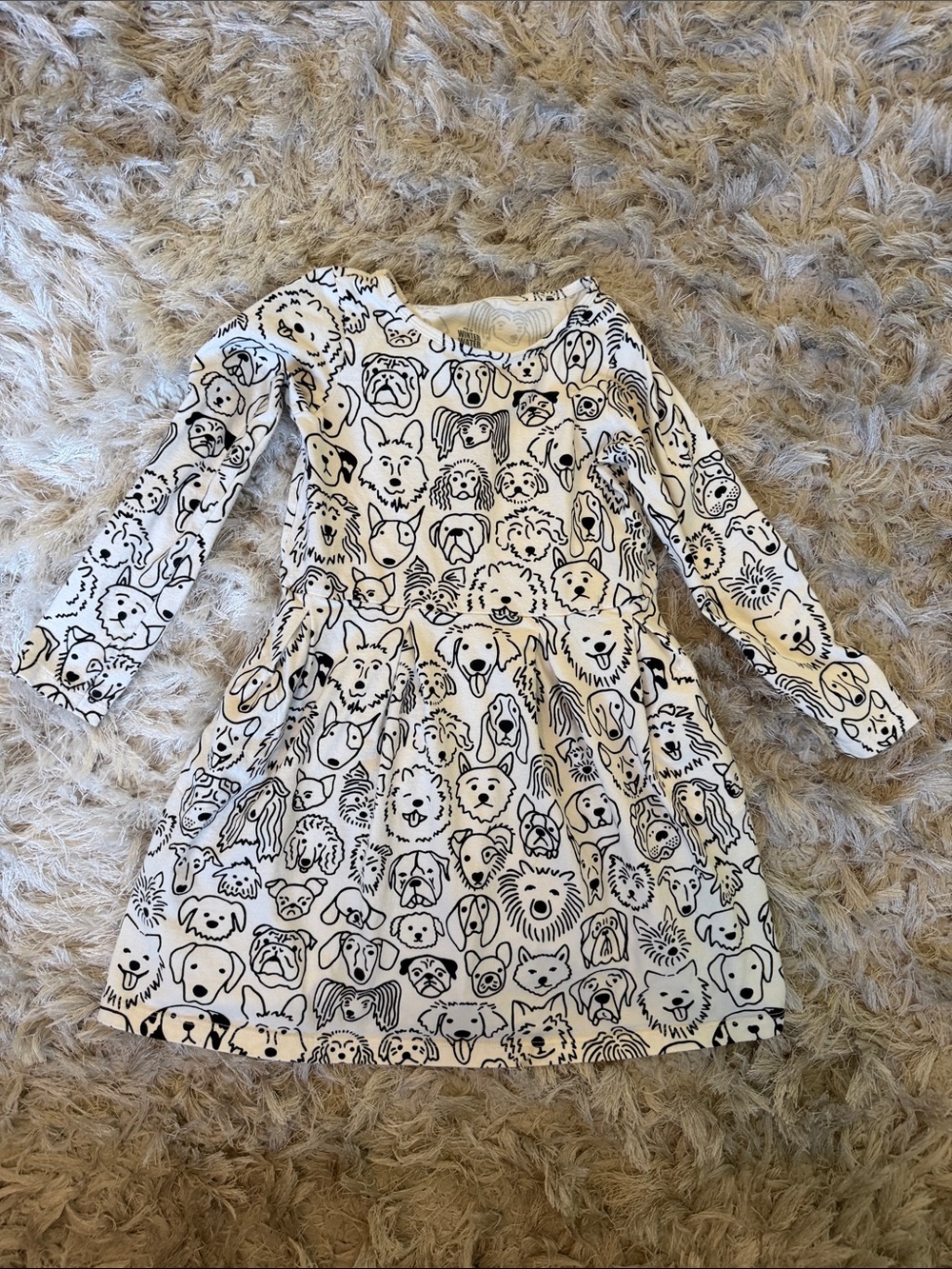 Girls' White Dress with Black Puppy Print - Long Sleeve Casual